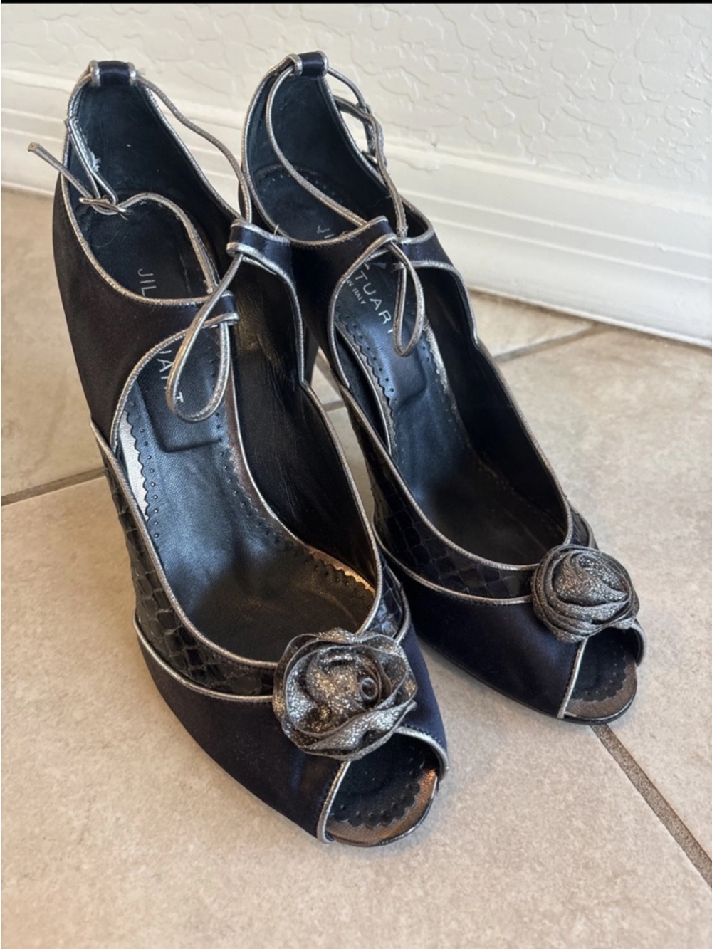 Jill Stuart Blue Satin Peep-Toe Heels with Silver Trim and Rosette Sz 9.5 B